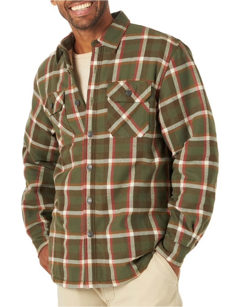 Wrangler Men’s Olive Plaid Heavyweight Sherpa-Lined Shirt Jacket - Small